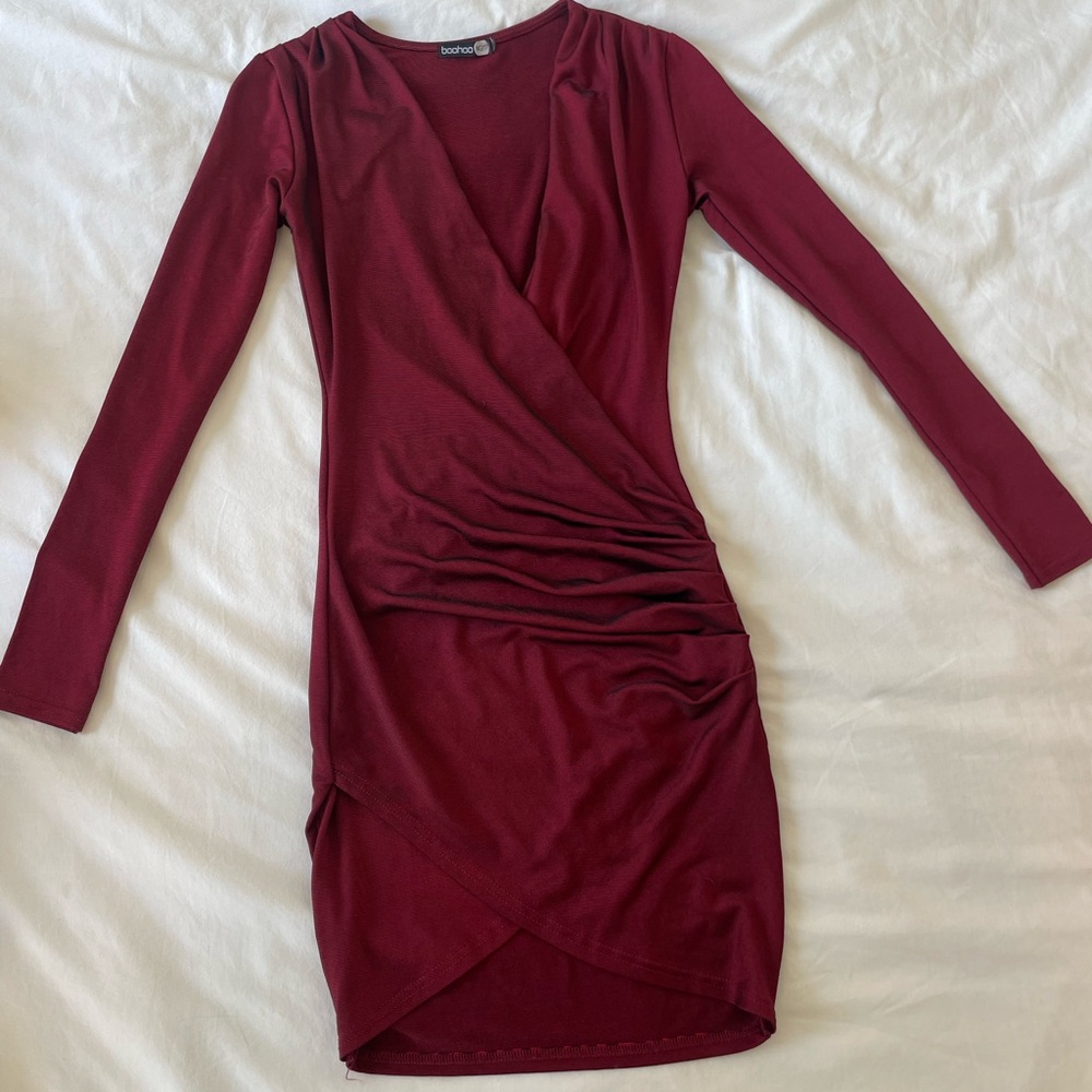 Red lightly ribbed wrap dress